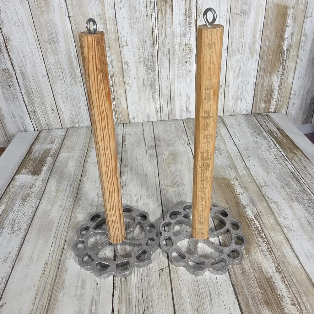 Vintage Scandinavian Rosette Irons Set of 2 Wood Handle Aluminum Cookie Molds